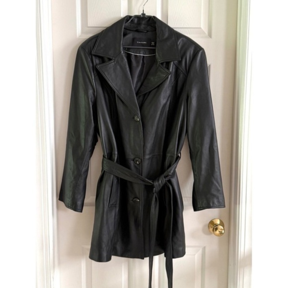 Tahari‎ Womens Black Genuine Leather Belted Trench Coat Jacket Plus Size 3X